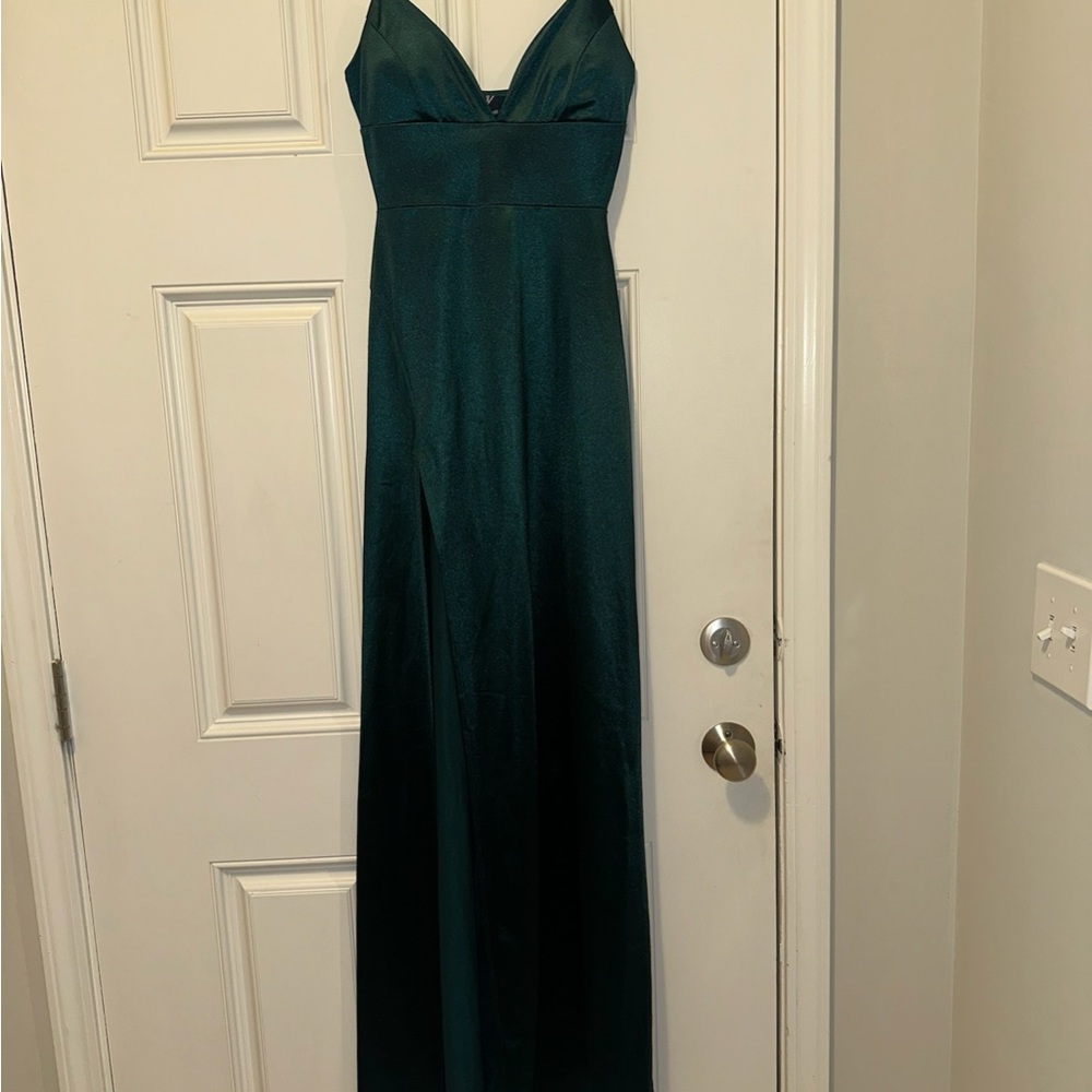 Emerald Green Spaghetti Strap Evening Gown with Side Slit